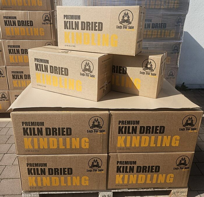 Kiln dried premium kindling, cardboard boxes on pallette