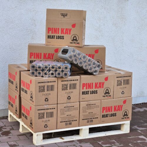 Pini Kay heat logs, cardboard box with two plastic-wrapped packs inside